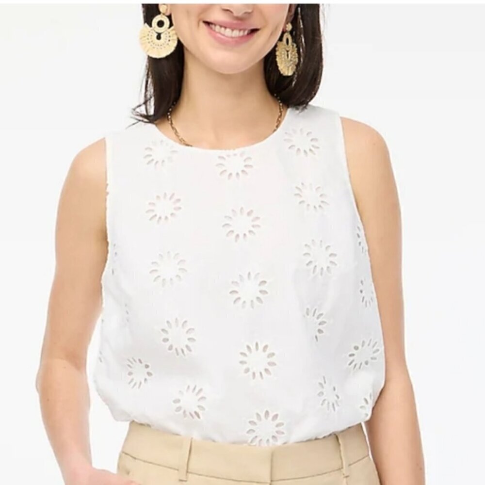 J. Crew Flower Eyelet Shell Keyhole Back Cotton Sleeveless Top White M